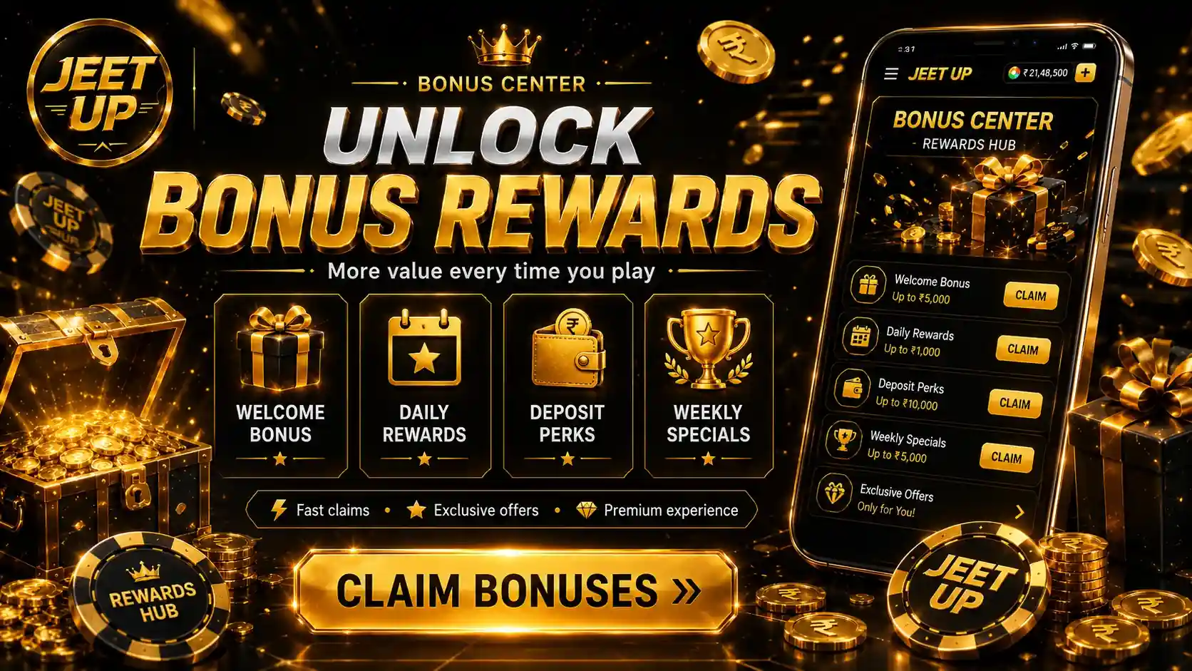 Unlock Bonus Rewards Claim daily rewards and weekly specials on Jeet Up app bonuses